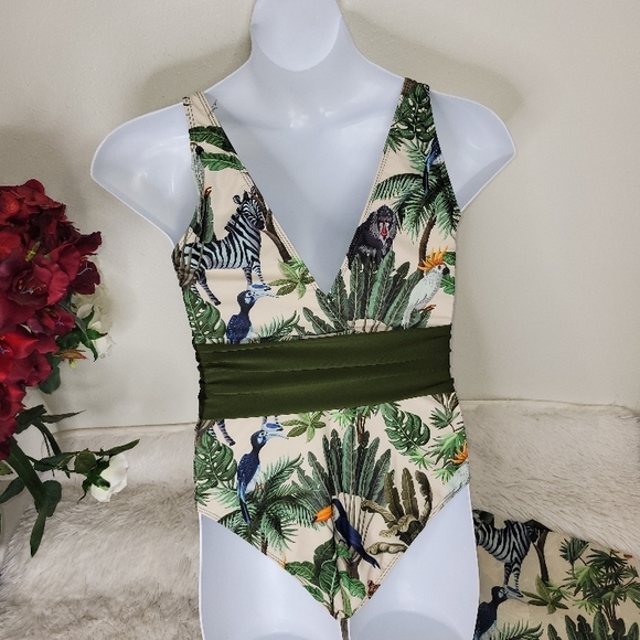 IDOPIP Tropical Print Green and Beige SWIMSUIT with sarong. - Picture 6 of 16
